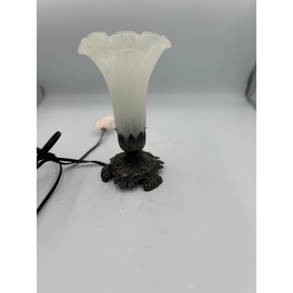 Vintage Frosted Glass Tulip Accent Lamp Ornate Bronze Tone Metal Scroll Base